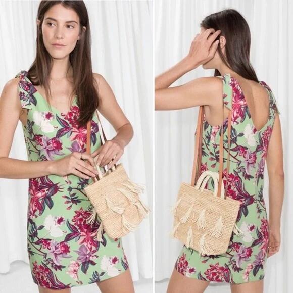 & OTHER STORIES Shoulder Tie Floral Lightweight V Neck Mini Dress Sz 12 - Picture 1 of 7